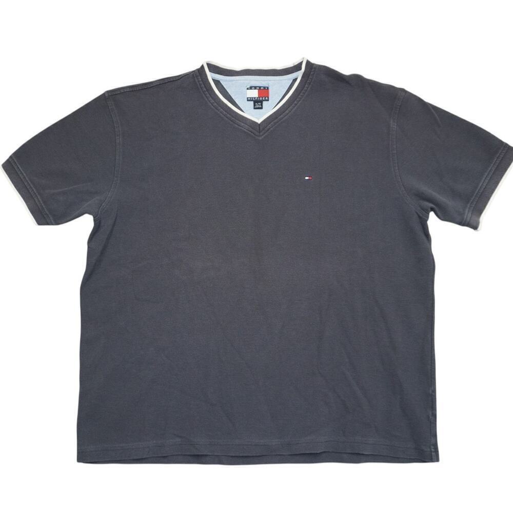 Vintage Tommy Hilfiger V-Neck T-Shirt Charcoal Gray  Logo Tee Men’s Size XL